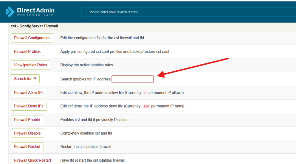 unblock IP address from Direct Admin